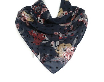 Navy Floral Square Fashion Scarf | Navy with Flowers and Flocked Dots Scarf | Lightweight Chiffon Versatile Woman's Religious-Wear Scarf
