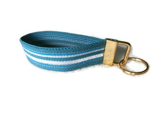 Green Stripe Key Fob. Stretchy Key Holder Blue Green Stripes Goldtone Hardware.  Bracelet Style Key Organizer Wristlet. Small Size Key Fob