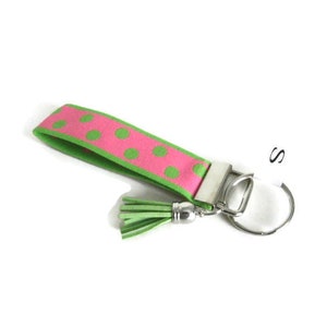 Wrist Key Holder w/Snap Clip Option. Pink w/Green Dots Stretchy Key Fob. Size SM Bracelet style Key Organizer. Lime Green & Pink Key Fob image 8