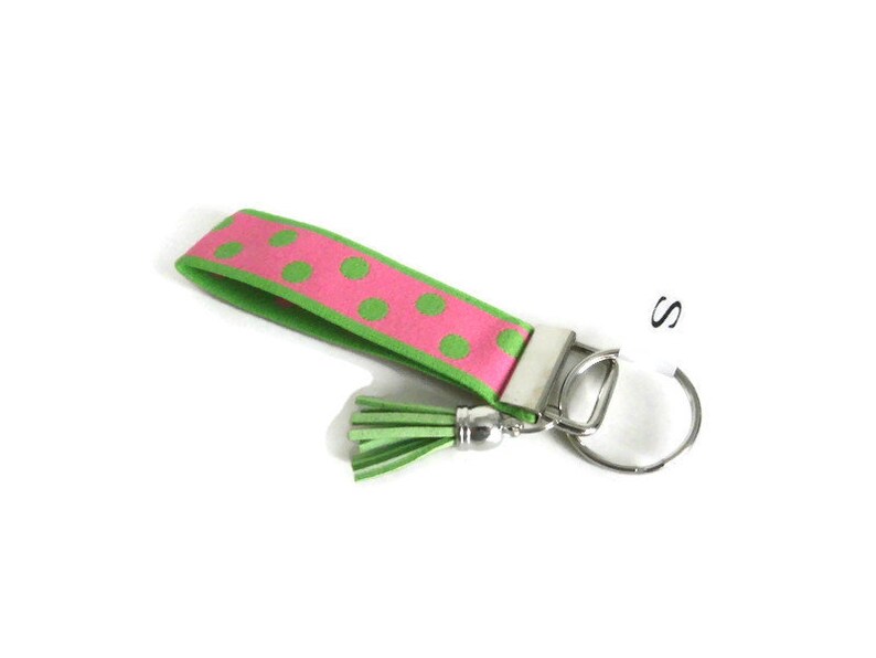 Wrist Key Holder w/Snap Clip Option. Pink w/Green Dots Stretchy Key Fob. Size SM Bracelet style Key Organizer. Lime Green & Pink Key Fob image 8