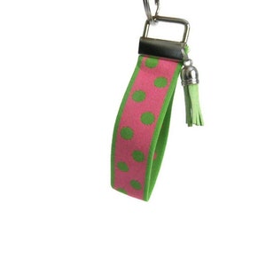 Wrist Key Holder w/Snap Clip Option. Pink w/Green Dots Stretchy Key Fob. Size SM Bracelet style Key Organizer. Lime Green & Pink Key Fob image 2