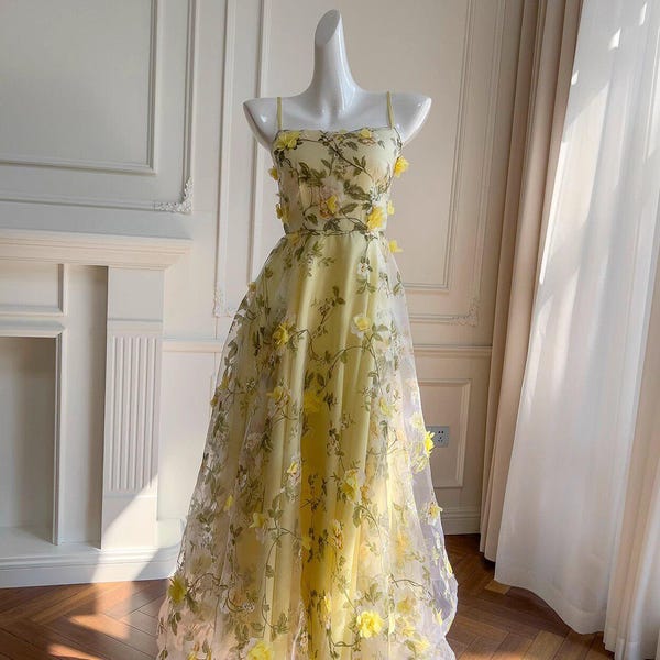 Yellow 3D Flower Mesh Evening Gown, Spaghetti Strap Formal Dress, Custom Size Wedding Guest Prom Cocktail Party Gown