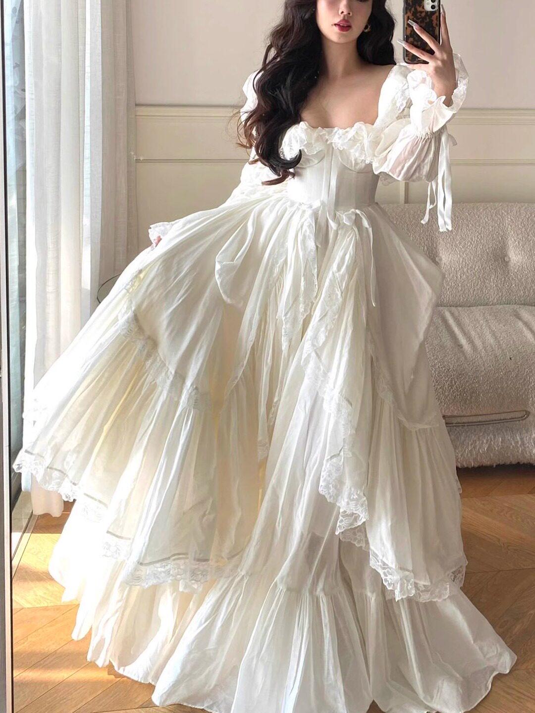 white victorian corset dress Victorian-Inspired White Lace Corset Dress with Bell Sleeves Layered Ruffle High-Low Bridal Gown Plus Size Size 16W / White