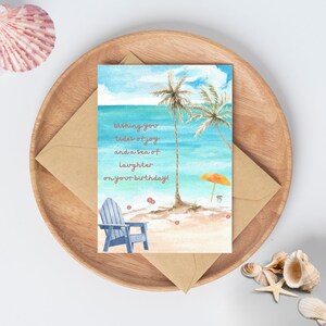Cartão de aniversário dobrável 5x7 personalizável com tema de praia para impressão e modelo Canva