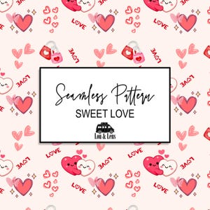 May include: A seamless pattern featuring red and pink hearts, padlocks, and the word LOVE in red text on a light pink background. A central white rectangular label displays the text Seamless Pattern SWEET LOVE and a small black van icon.
