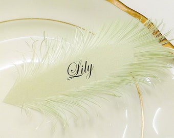 mint green Feather place cards | made by hand of iridescent mint green paper, Name Printing Included