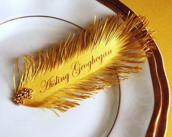 Art Deco stijl Gold Feather's Great Gatsby bruiloft plaatskaart's 12 psc. naamopdruk inbegrepen