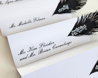 Custom order | 78 place cards Black & White feather and glass beads decor on top