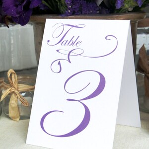 Table Markers / Table Tents / Wedding table numbers with Purple text Iridescent white Tent Style Set of 12 image 1