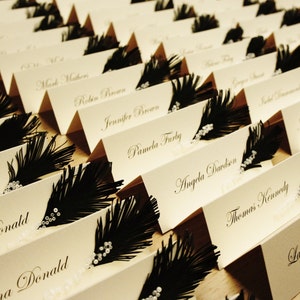 Custom order 78 place cards Black & White feather and glass beads decor on top image 5