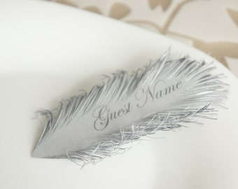 Silver feather wedding place card's | Winter wedding name cards | With guest name on