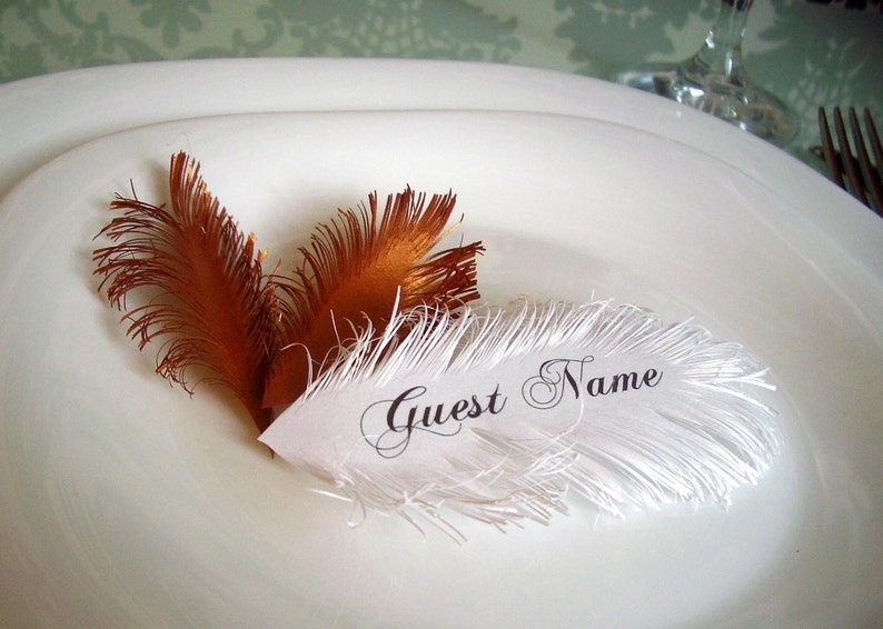 Feather place cards handmade of iridescent White paper, Name Printing Included image 2