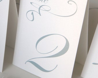 White and silver Table Markers / Table Tents / Wedding table numbers with Silver text | Iridescent white Tent Style (Set of 12)