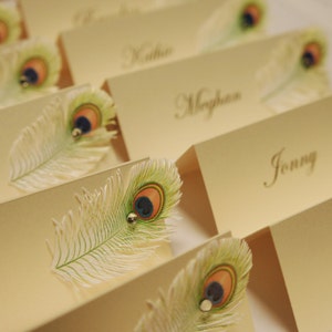 Wedding table name cards with Peacock Feather and rhinestone decor name print included image 5