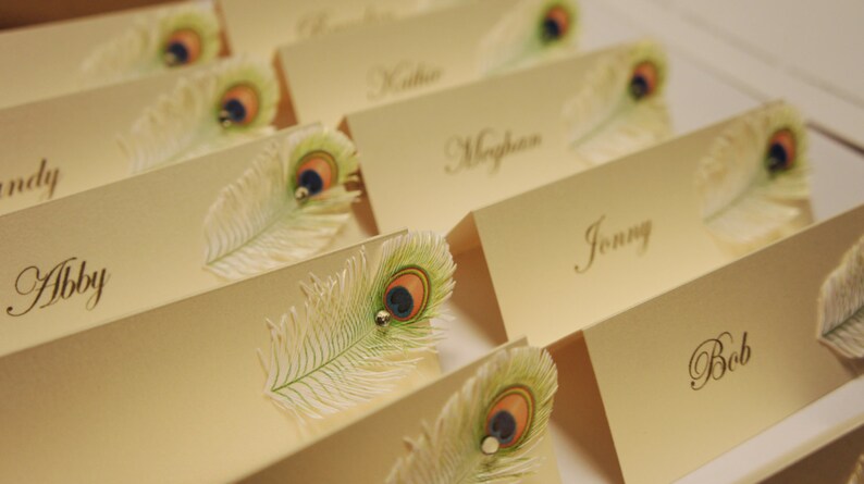 Wedding table name cards with Peacock Feather and rhinestone decor name print included image 5