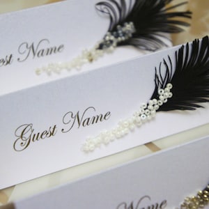 Custom order 78 place cards Black & White feather and glass beads decor on top image 6