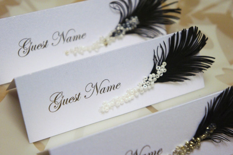 Custom order 78 place cards Black & White feather and glass beads decor on top image 6