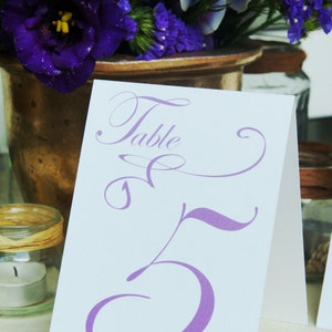 Table Markers / Table Tents / Wedding table numbers with Purple text Iridescent white Tent Style Set of 12 image 4