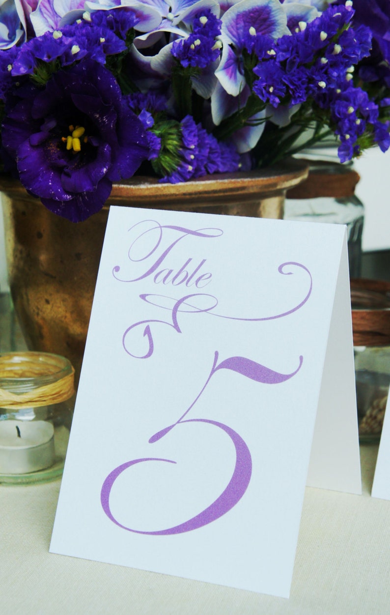 Table Markers / Table Tents / Wedding table numbers with Purple text Iridescent white Tent Style Set of 12 image 4