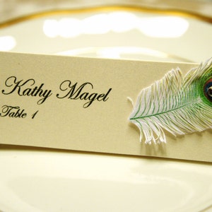 Wedding table name cards with Peacock Feather and rhinestone decor name print included image 4