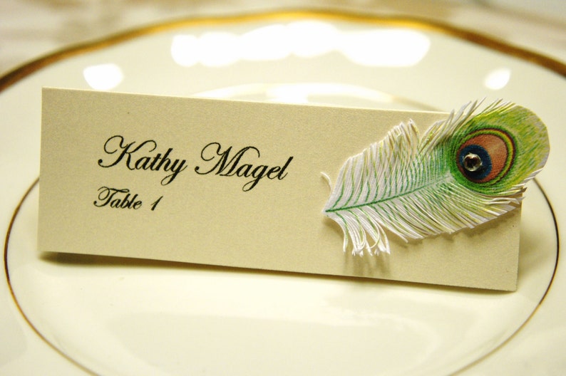 Wedding table name cards with Peacock Feather and rhinestone decor name print included image 4