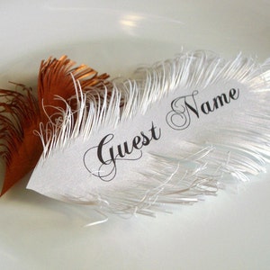 Feather place cards handmade of iridescent White paper, Name Printing Included image 1