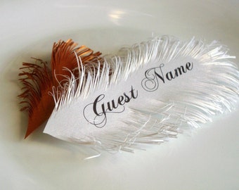 Feather place cards - handmade of iridescent White paper, Name Printing Included