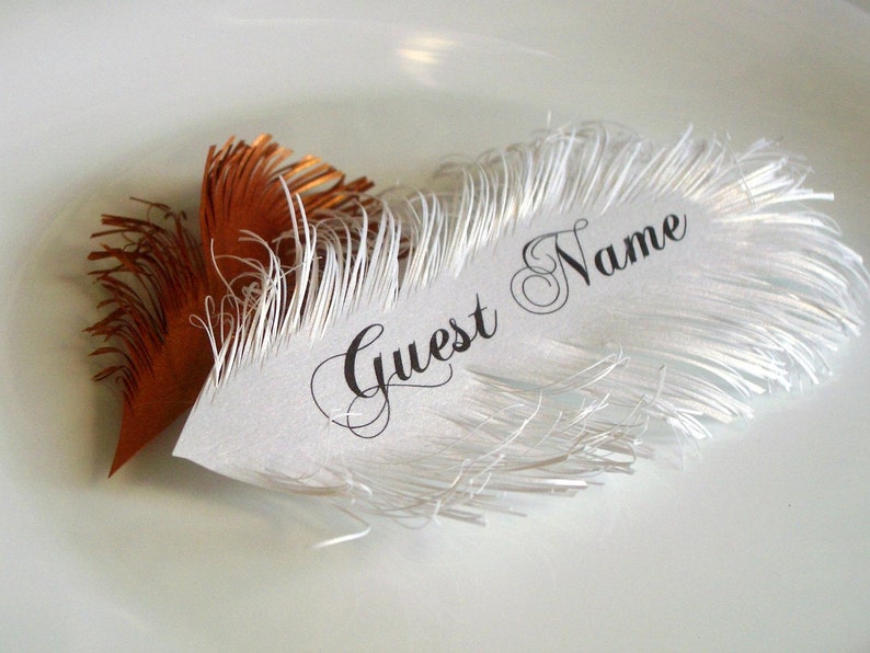 Feather place cards handmade of iridescent White paper, Name Printing Included image 1