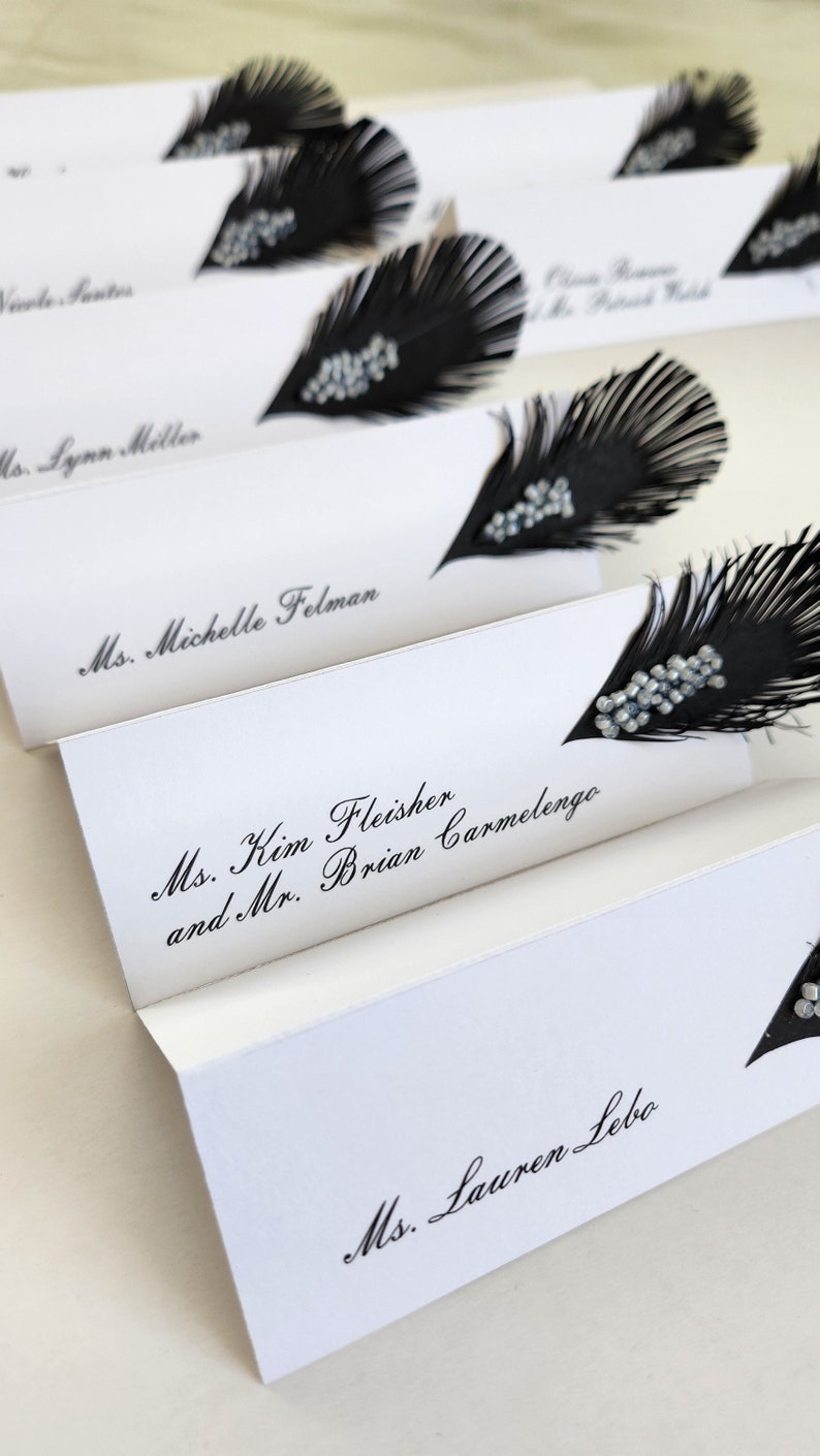 Custom order 78 place cards Black & White feather and glass beads decor on top image 1