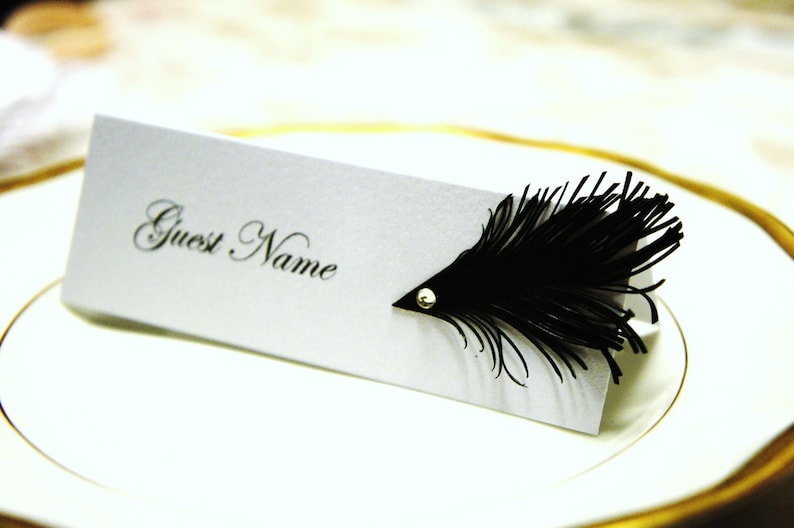 Custom order 78 place cards Black & White feather and glass beads decor on top image 3
