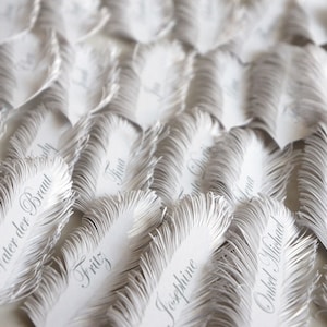 Feather place cards handmade of iridescent White paper, Name Printing Included image 4