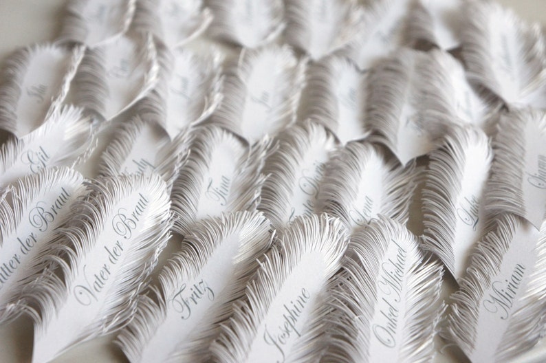 Feather place cards handmade of iridescent White paper, Name Printing Included image 4