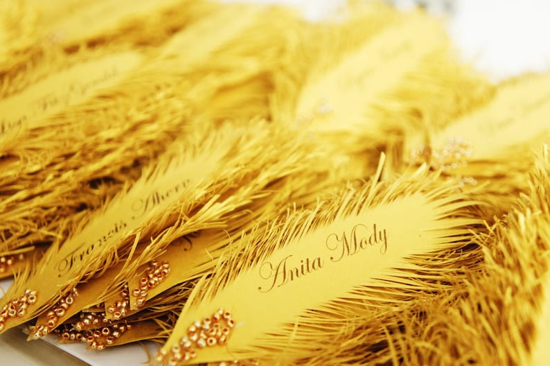 Art Deco Style Gold Feather's Great Gatsby Wedding place card's 12 psc. name print included image 2