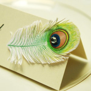 Wedding table name cards with Peacock Feather and rhinestone decor name print included image 1