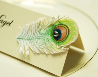 Wedding table name cards | with Peacock Feather and rhinestone decor | name print included