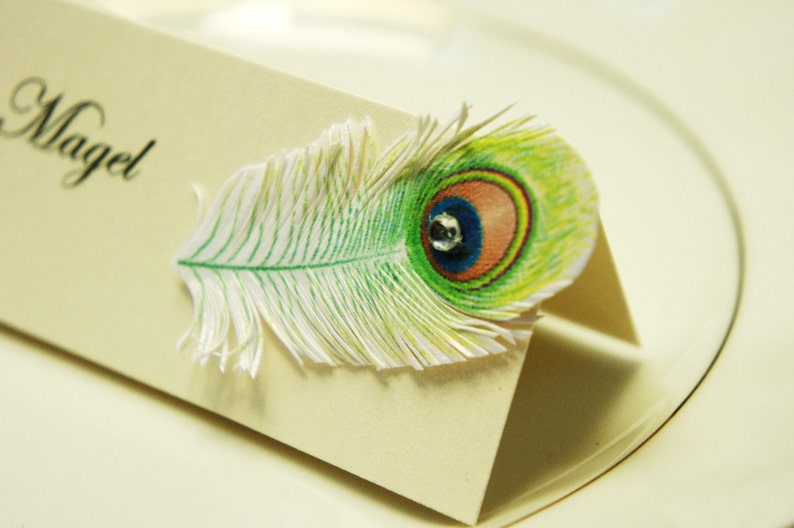 Wedding table name cards with Peacock Feather and rhinestone decor name print included image 1