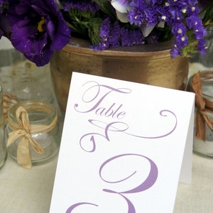 Table Markers / Table Tents / Wedding table numbers with Purple text Iridescent white Tent Style Set of 12 image 2