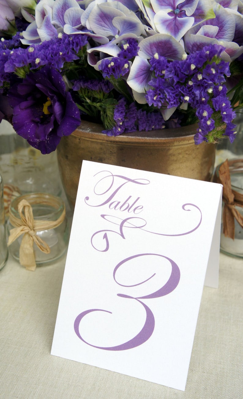 Table Markers / Table Tents / Wedding table numbers with Purple text Iridescent white Tent Style Set of 12 image 2