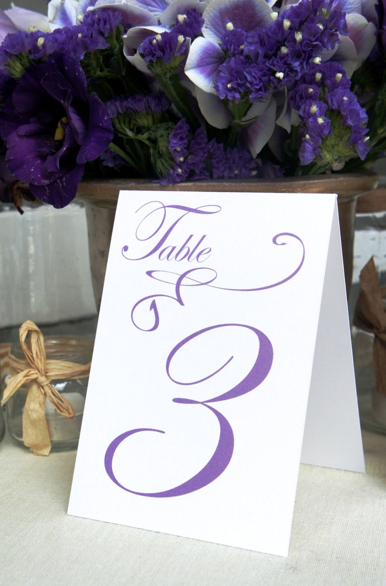 Table Markers / Table Tents / Wedding table numbers with Purple text Iridescent white Tent Style Set of 12 image 1