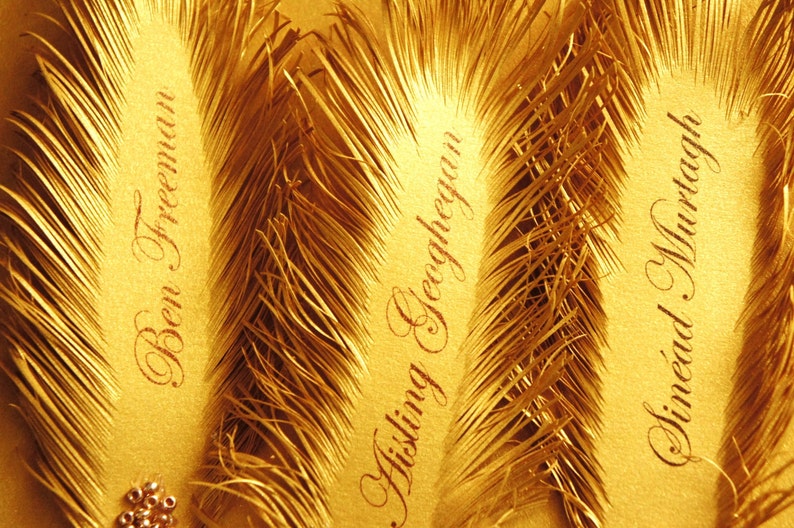 Art Deco Style Gold Feather's Great Gatsby Wedding place card's 12 psc. name print included image 5