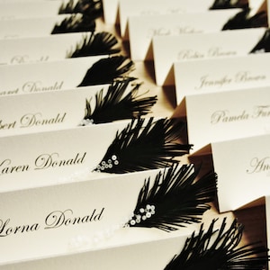 Custom order 78 place cards Black & White feather and glass beads decor on top image 2