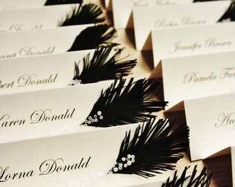 Black & White feather place cards | feather and glass beads or rhinestones decor