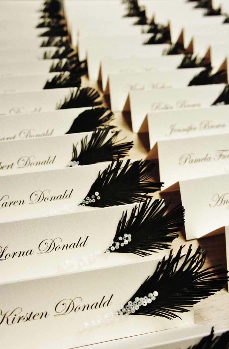 Custom order 78 place cards Black & White feather and glass beads decor on top image 2