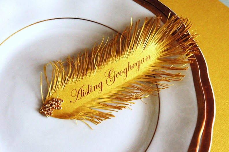 Art Deco Style Gold Feather's Great Gatsby Wedding place card's 12 psc. name print included image 1