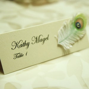 Wedding table name cards with Peacock Feather and rhinestone decor name print included image 3