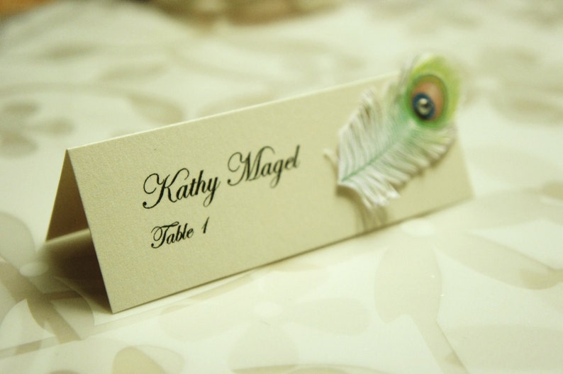 Wedding table name cards with Peacock Feather and rhinestone decor name print included image 3