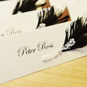 Custom order 78 place cards Black & White feather and glass beads decor on top image 4