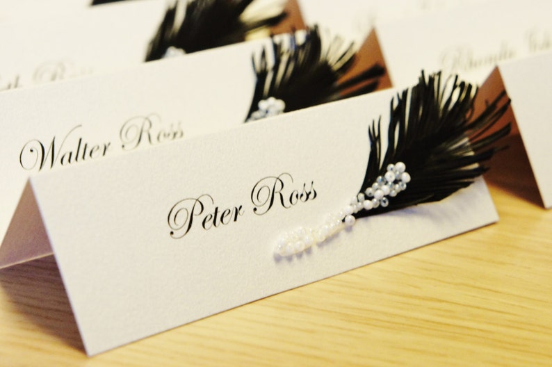 Custom order 78 place cards Black & White feather and glass beads decor on top image 4