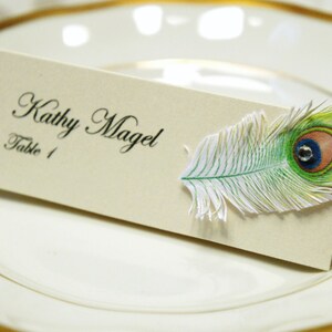Wedding table name cards with Peacock Feather and rhinestone decor name print included image 2