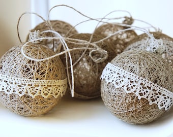 Natural linen Christmas ornaments | Set of 6